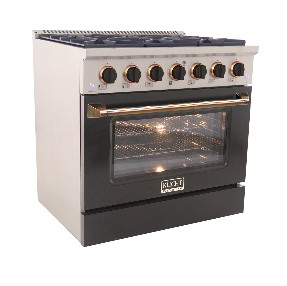 KUCHT Professional 36 in. 5.2 cu. ft. Dual Fuel Range for Natural Gas with Sealed Burners and Convection Oven in Stainless Steel with Black Oven Door Black Knobs and Gold Knob Rings
