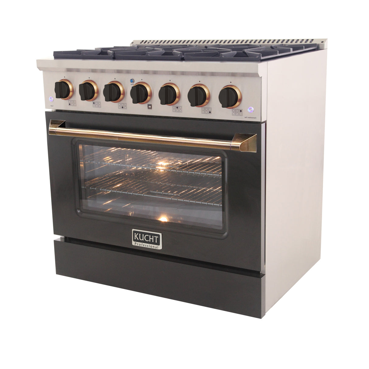 KUCHT Professional 36 in. 5.2 cu. ft. Dual Fuel Range for Propane Gas with Sealed Burners and Convection Oven in Stainless Steel with Black Oven Door Black Knobs and Gold Knob Rings