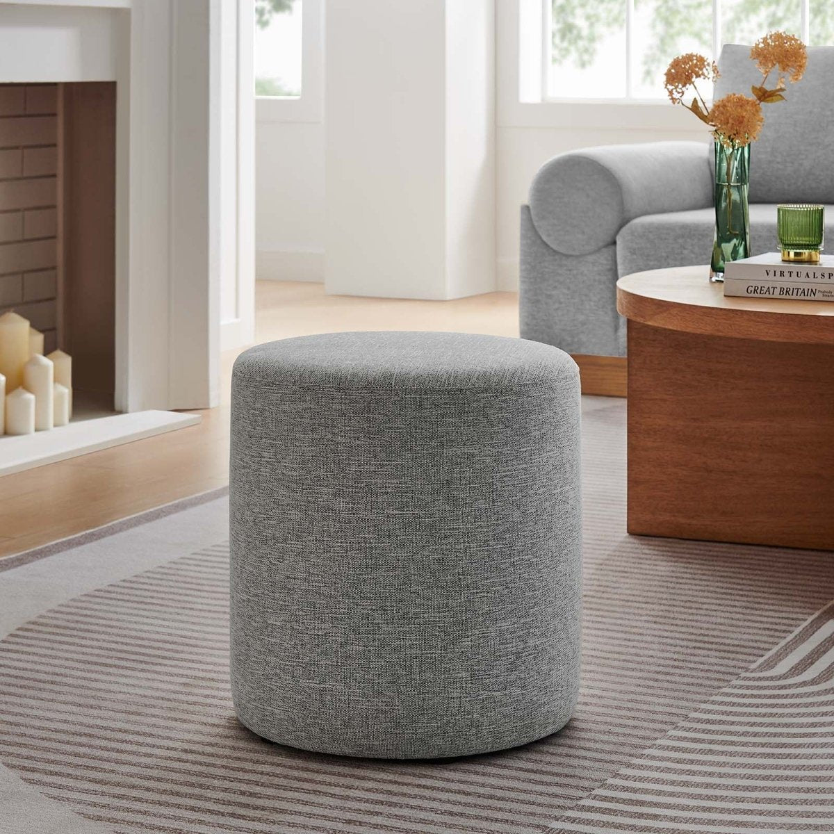 Callum 16" Round Woven Heathered Fabric Upholstered Ottoman - BUILDMYPLACE