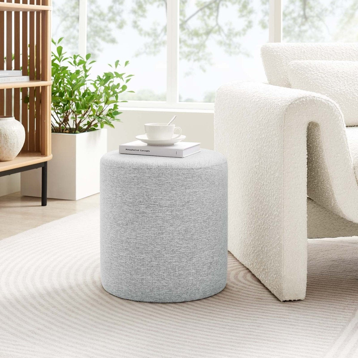 Callum 16" Round Woven Heathered Fabric Upholstered Ottoman - BUILDMYPLACE