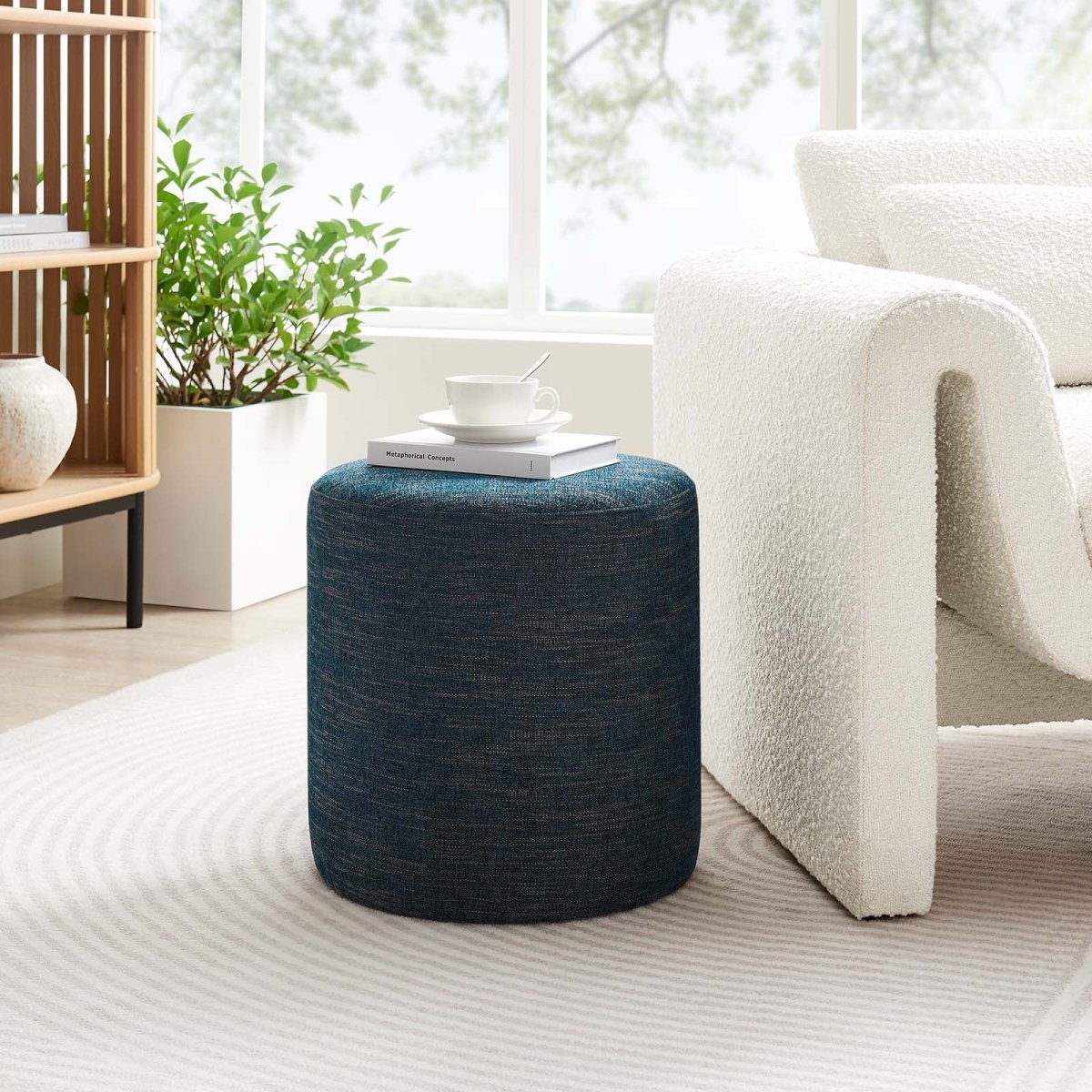 Callum 16" Round Woven Heathered Fabric Upholstered Ottoman - BUILDMYPLACE