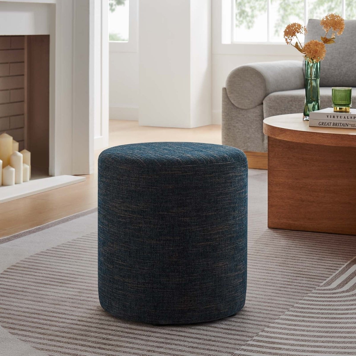 Callum 16" Round Woven Heathered Fabric Upholstered Ottoman - BUILDMYPLACE