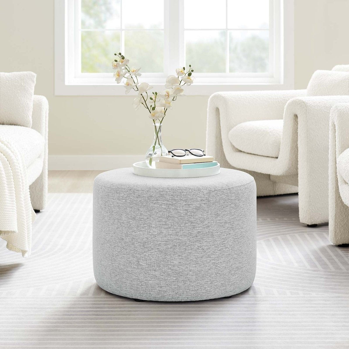 Callum Large 23" Round Woven Heathered Fabric Upholstered Ottoman - BUILDMYPLACE