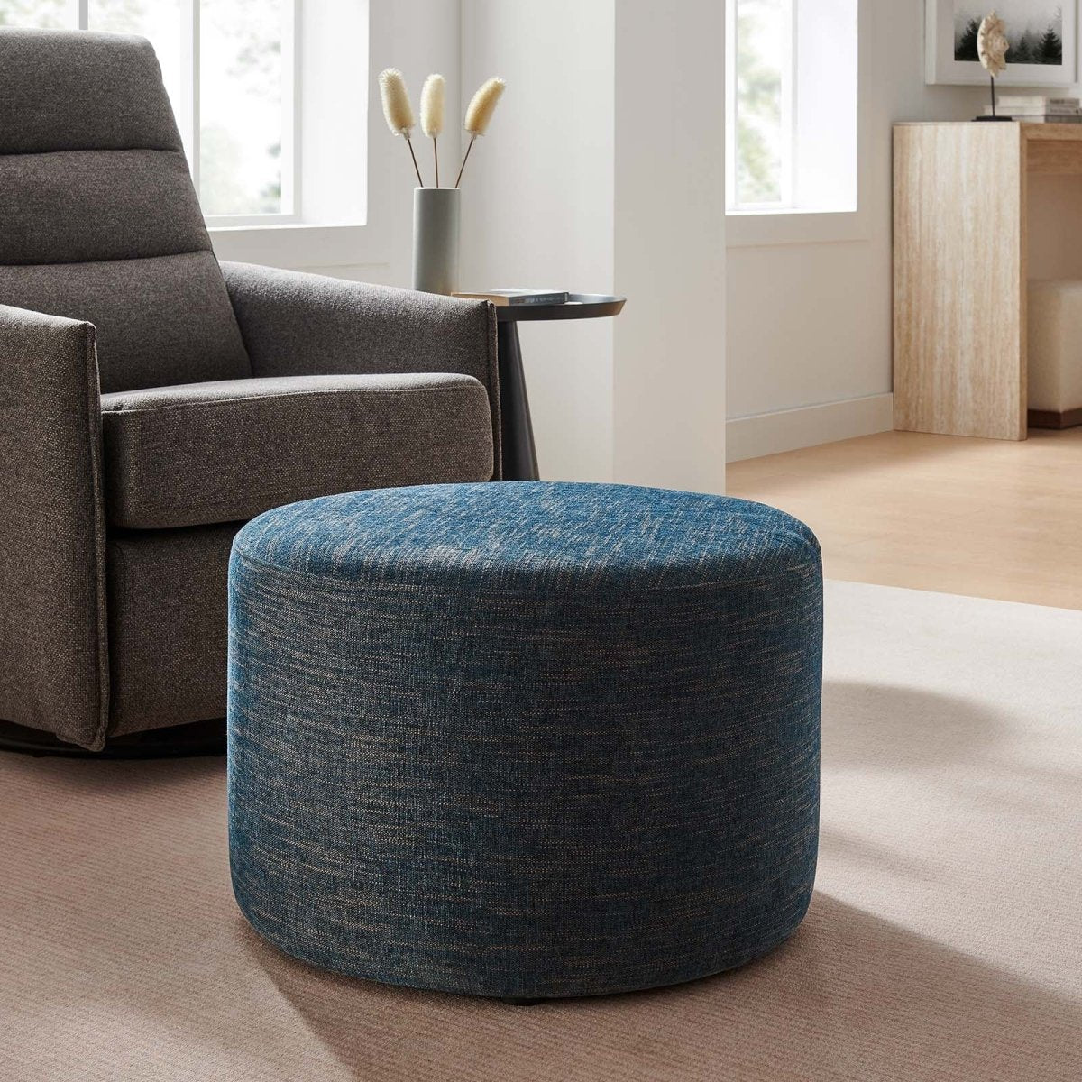 Callum Large 23" Round Woven Heathered Fabric Upholstered Ottoman - BUILDMYPLACE