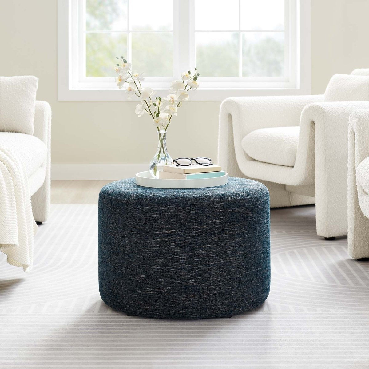 Callum Large 23" Round Woven Heathered Fabric Upholstered Ottoman - BUILDMYPLACE