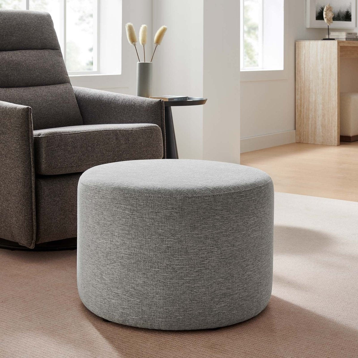 Callum Large 23" Round Woven Heathered Fabric Upholstered Ottoman - BUILDMYPLACE