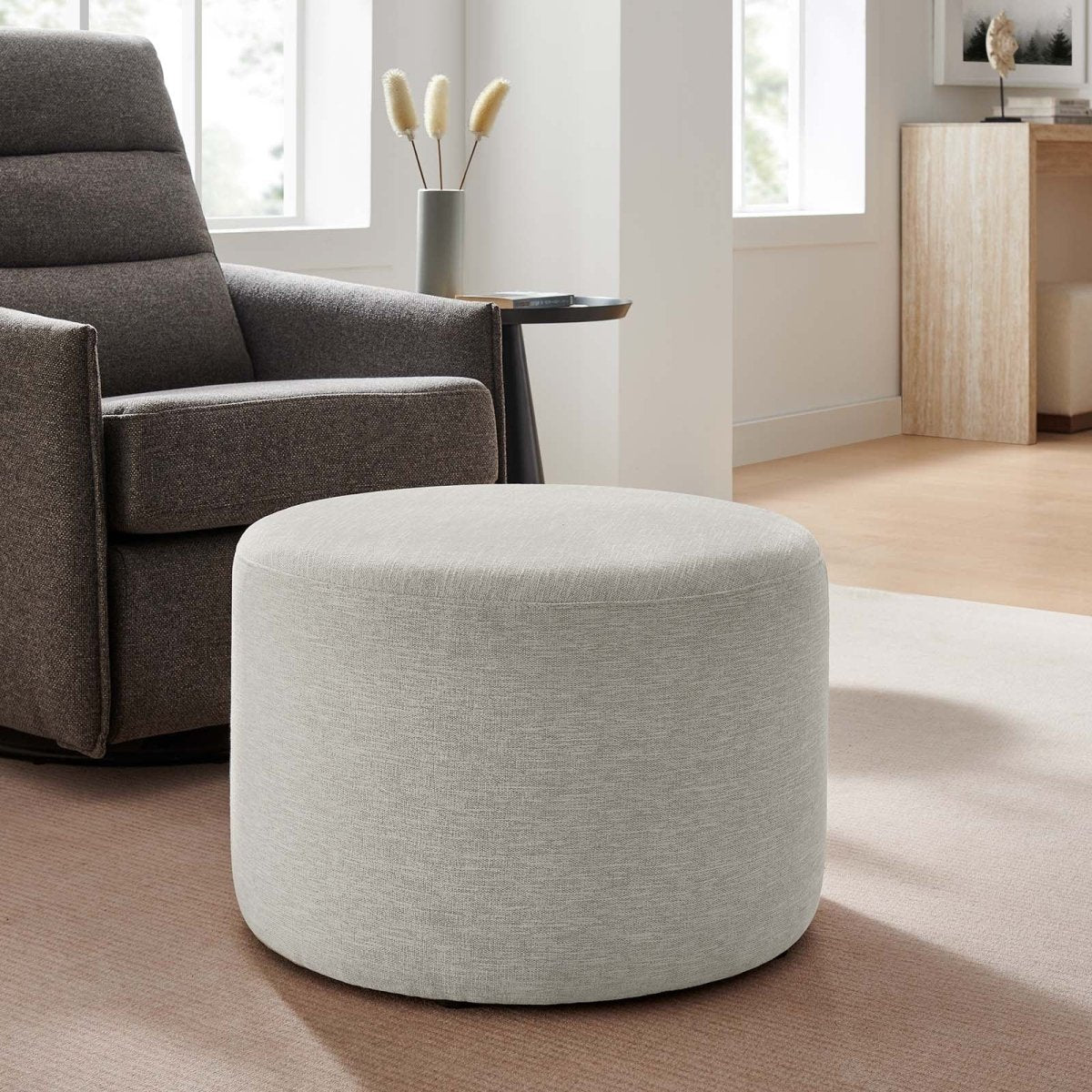 Callum Large 23" Round Woven Heathered Fabric Upholstered Ottoman - BUILDMYPLACE