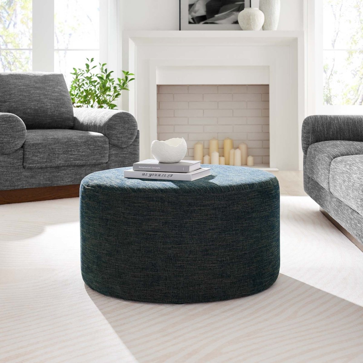 Callum Large 29" Round Woven Heathered Fabric Upholstered Ottoman - BUILDMYPLACE