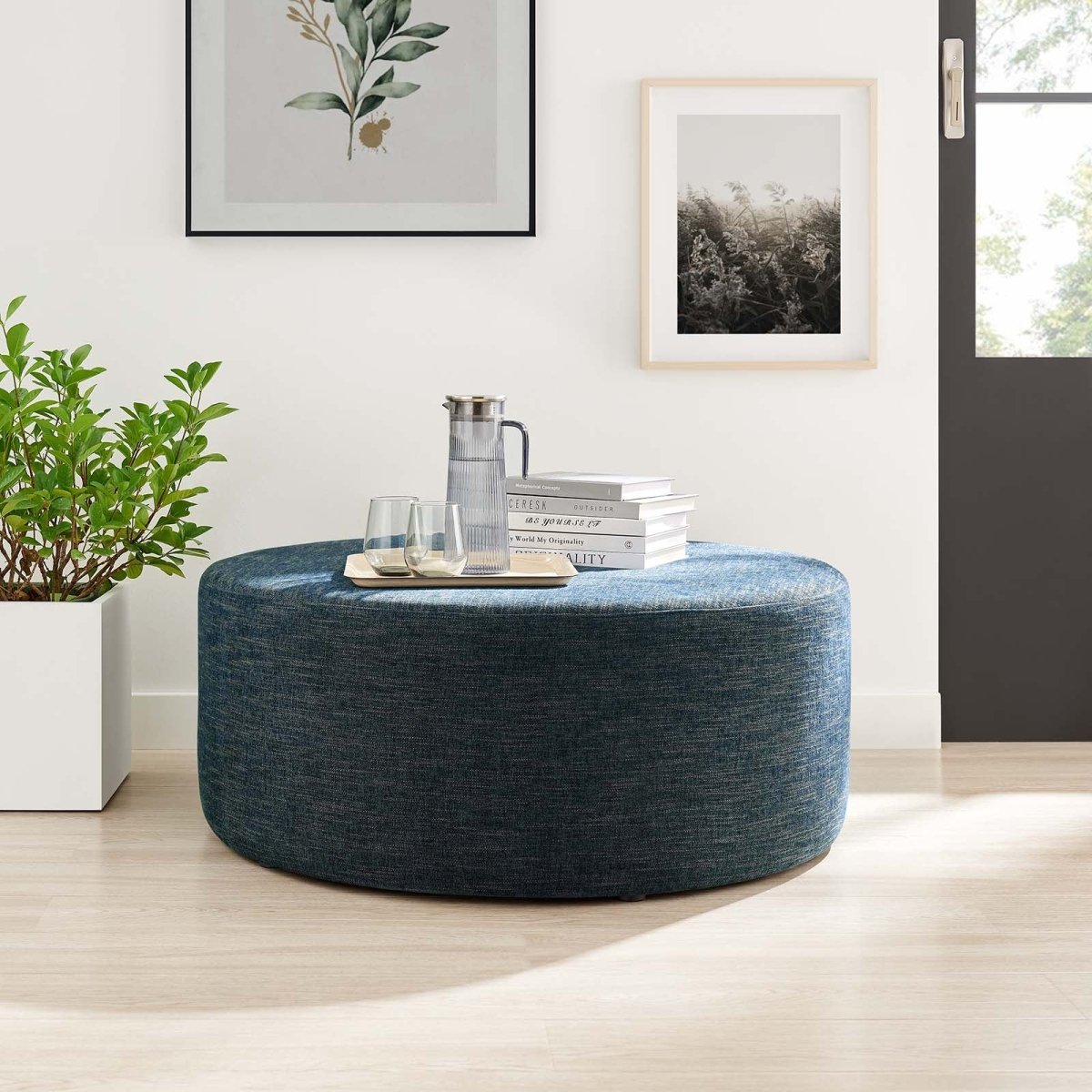 Callum Large 38" Round Woven Heathered Fabric Upholstered Ottoman - BUILDMYPLACE