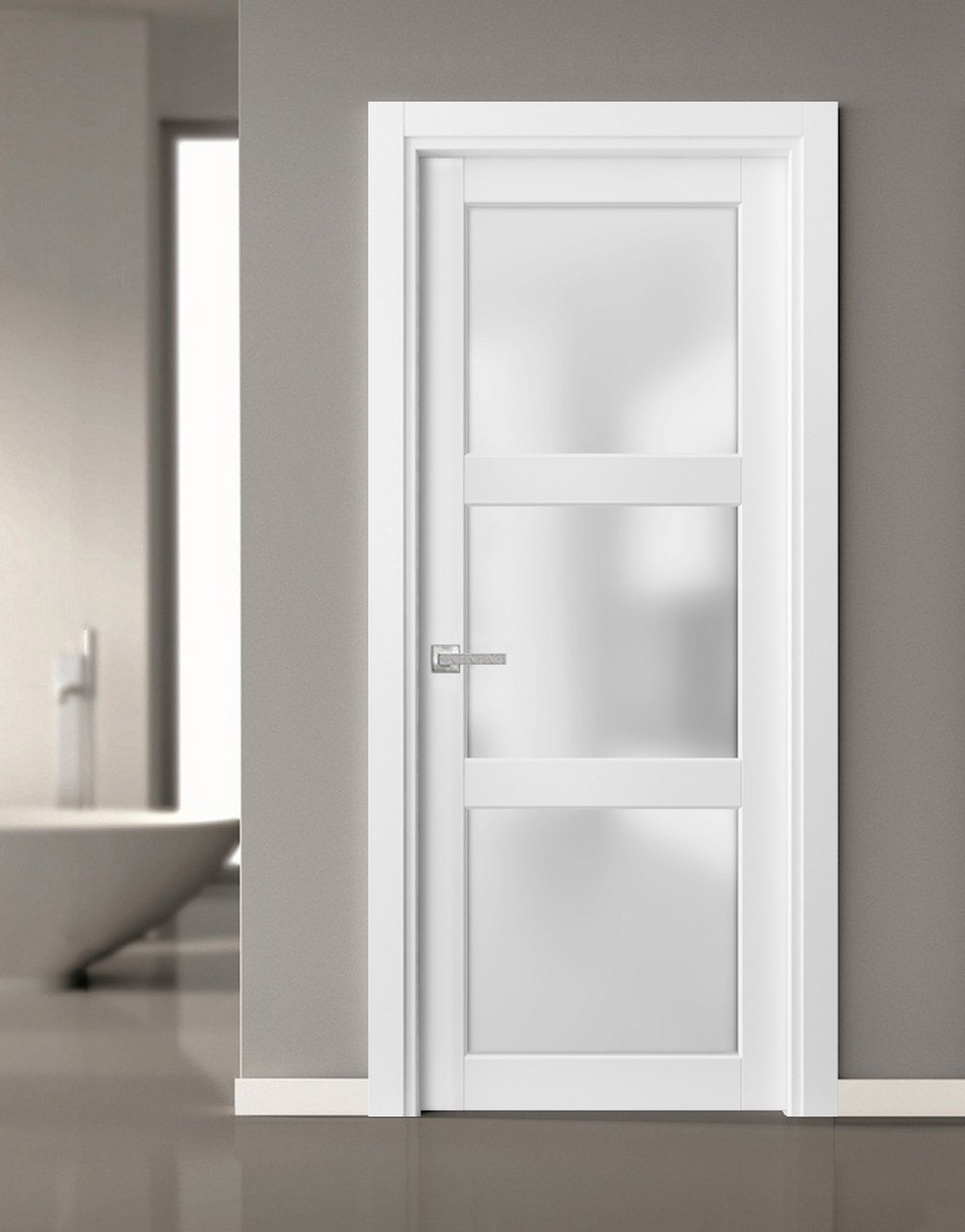 Pantry Kitchen Lite Door with Hardware | Lucia 2552 White Silk with Frosted Glass | Single Panel Frame Trims | Bathroom Bedroom Sturdy Doors