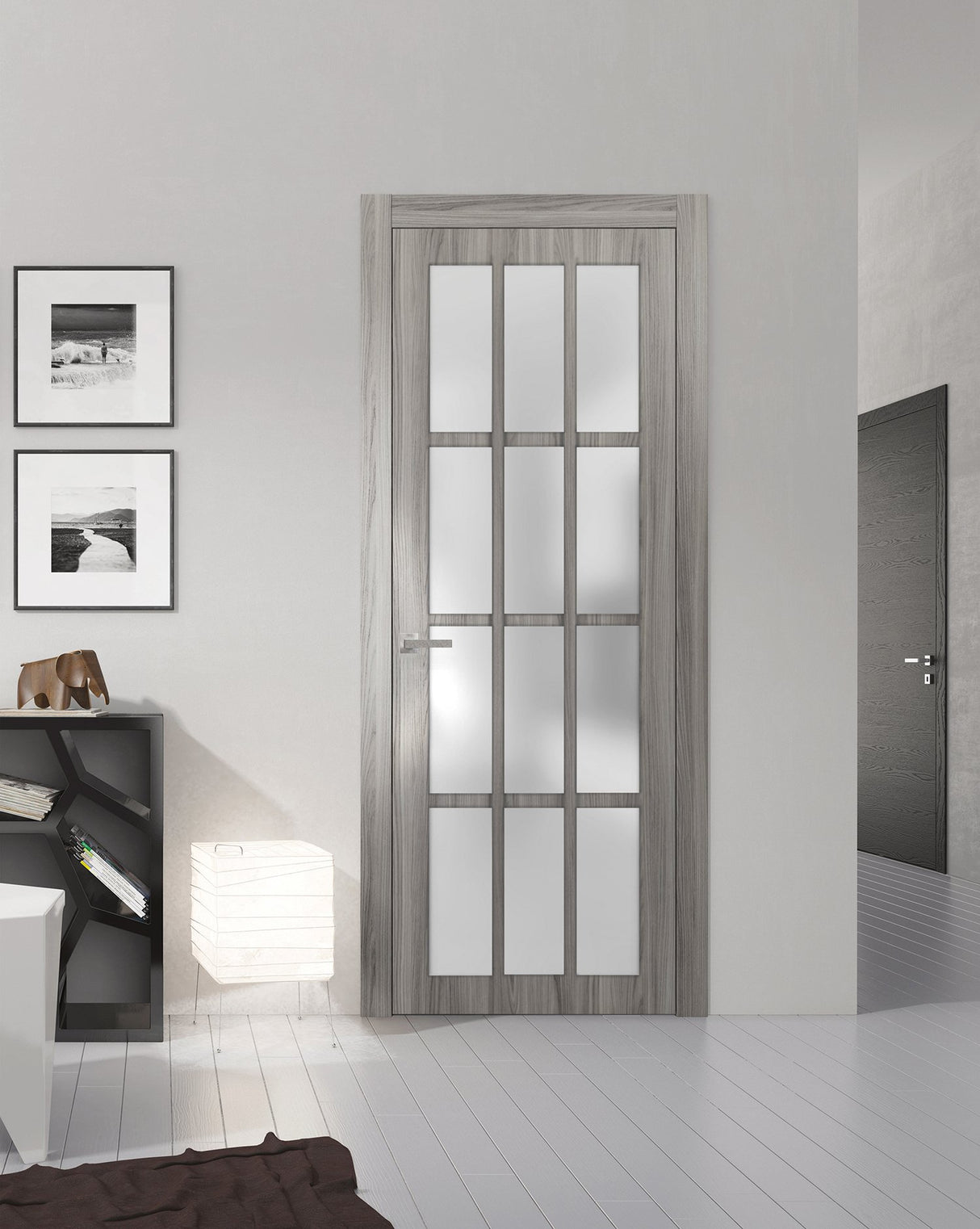 Solid French Door Frosted Glass 12 Lites | Felicia 3312 Ginger Ash | Single Regural Panel Frame Trims Handle | Bathroom Bedroom Sturdy Doors