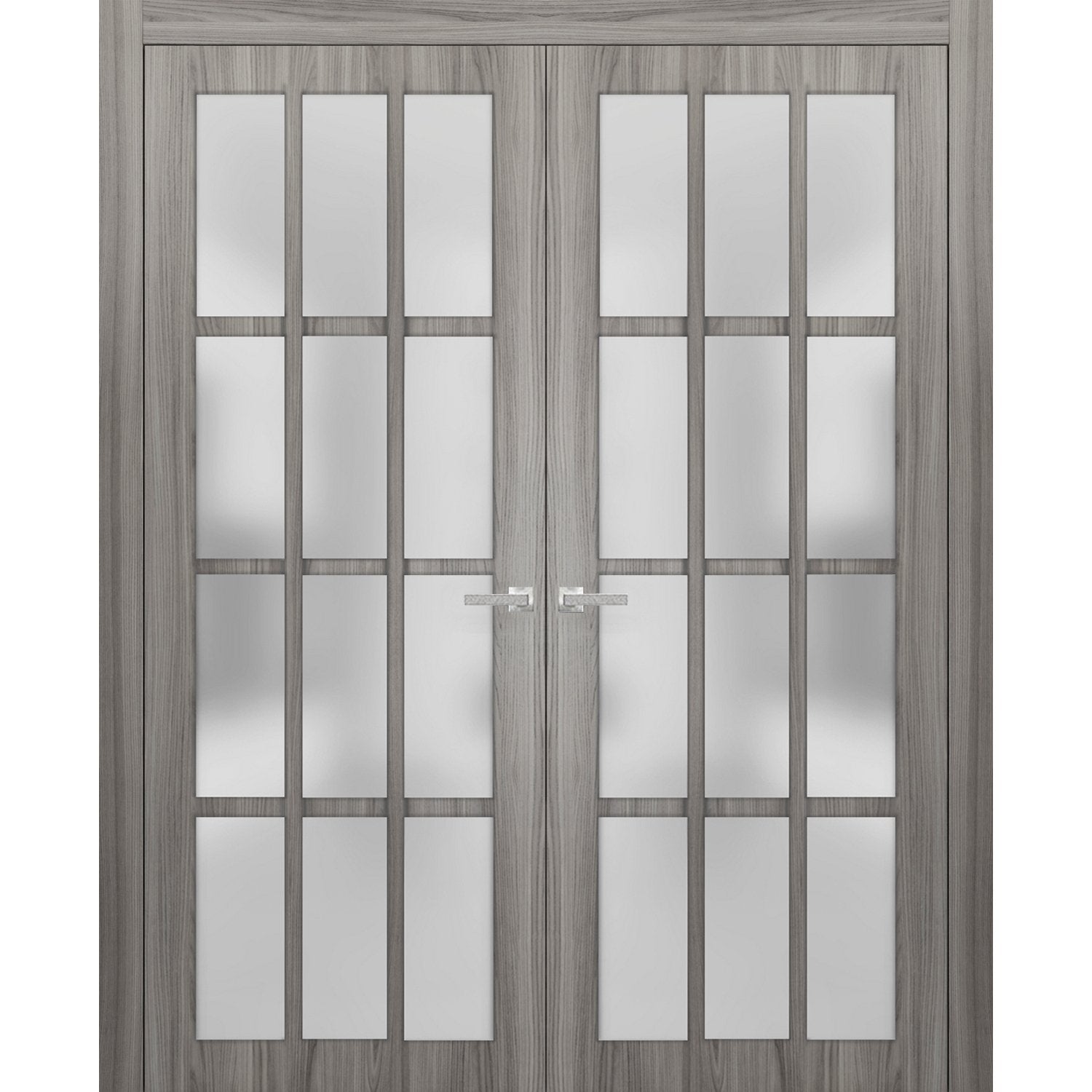 Solid French Double Doors Frosted Glass 12 Lites | Felicia 3312 Ginger Ash Grey | Single Regural Panel Frame Trims | Bathroom Bedroom Sturdy Doors