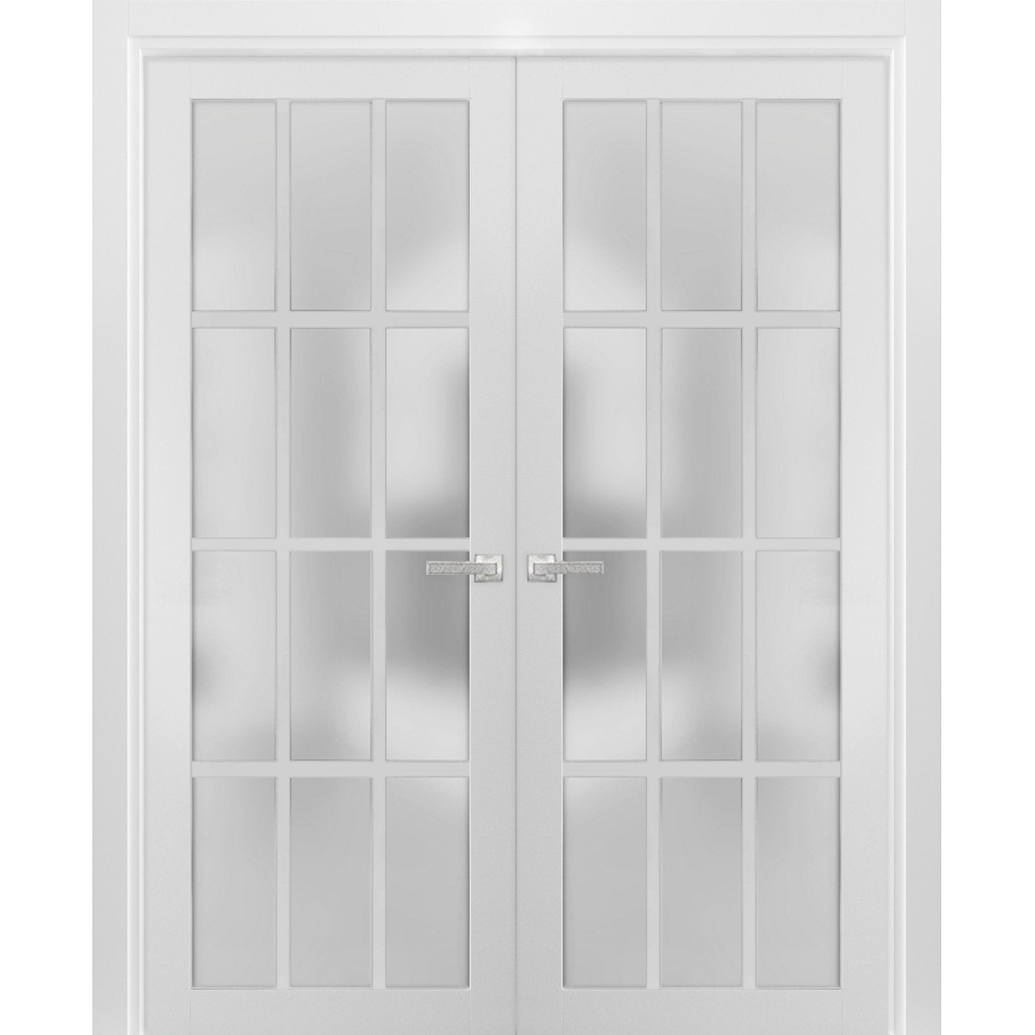 Solid French Double Frosted Glass Doors 12 Lites | Felicia 3312 White Silk | Single Regural Panel Frame Trims | Bathroom Bedroom Sturdy Doors