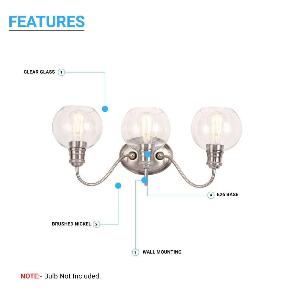 Clear Glass Bathroom Light Fixtures, Wall Mount, 2 - Head/3 - Head, E26 Base Brushed Nickel Finish, Vanity Lighting - BUILDMYPLACE