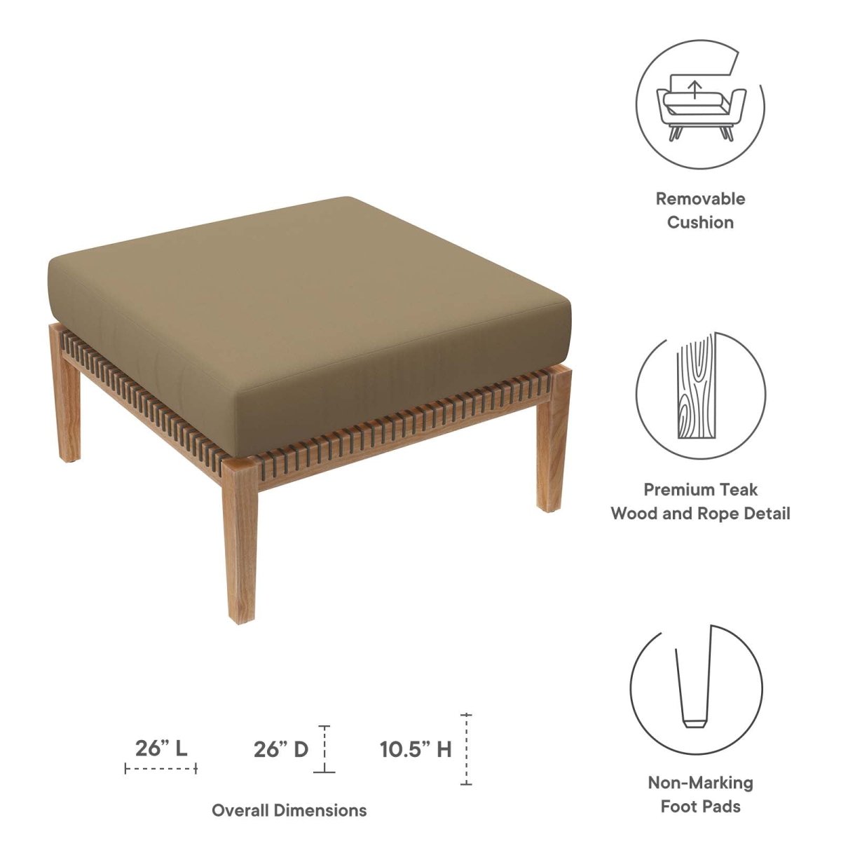 Clearwater Outdoor Patio Teak Wood Ottoman - BUILDMYPLACE