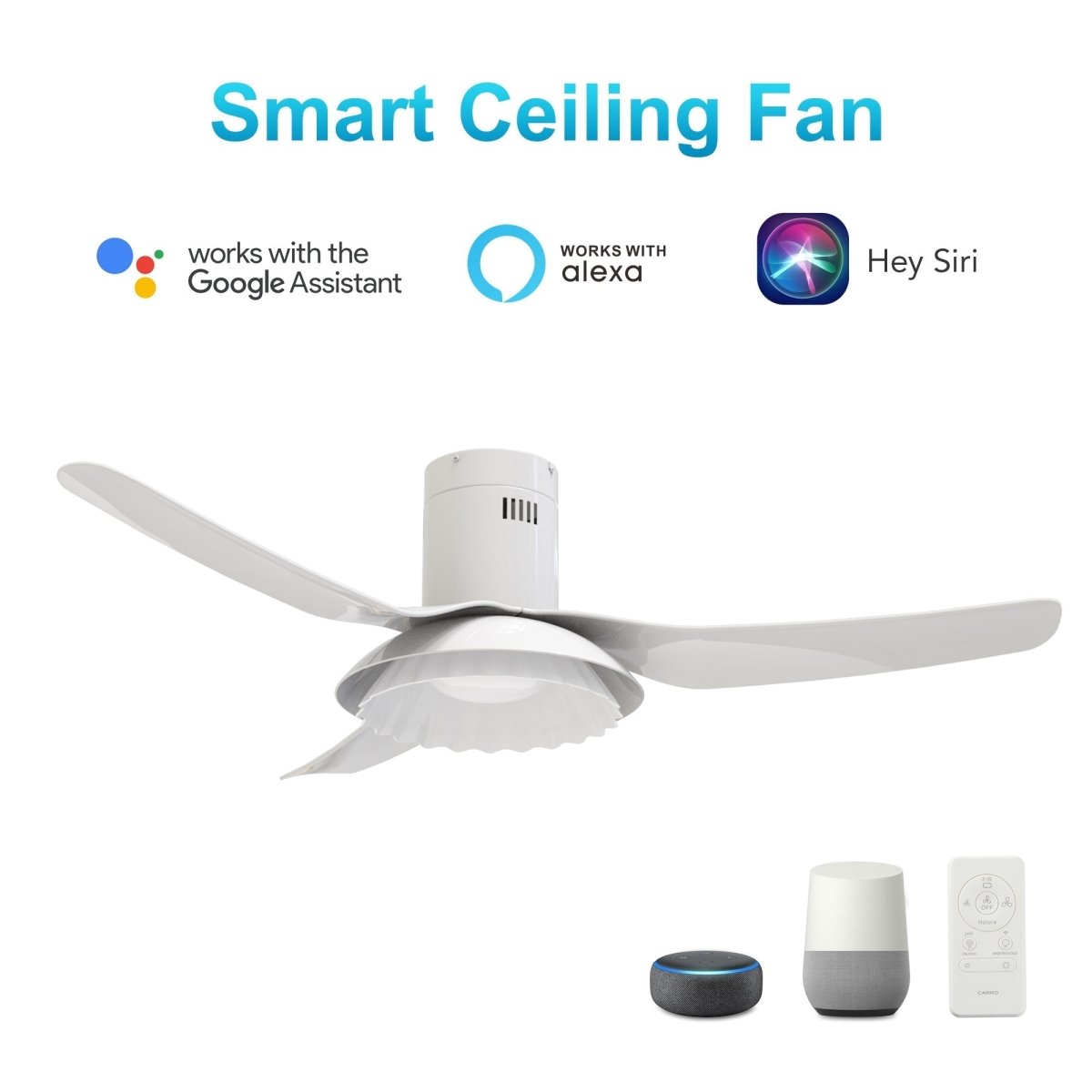 Daffodil 52 Inch 3 - Blade Flush Mount Best Smart Ceiling Fan With Led Light Kit And Remote - White/White - LEDMyPlace