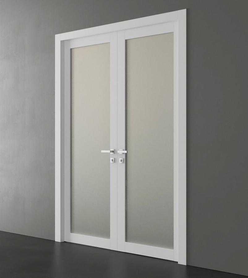 Solid French Double Doors | Planum 2102 White Silk with Frosted Glass | Wood Solid Panel Frame Trims | Closet Bedroom Sturdy Doors