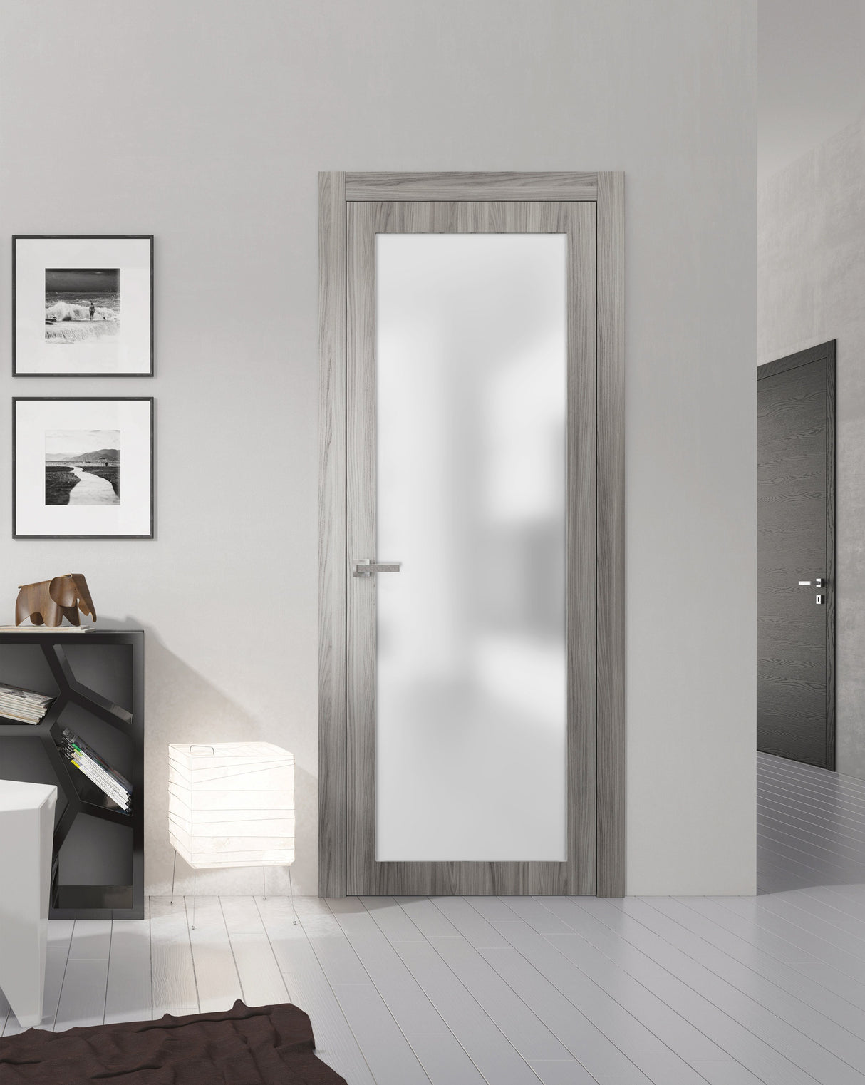Solid French Door | Planum 2102 Ginger Ash with Frosted Glass | Single Regular Panel Frame Trims Handle | Bathroom Bedroom Sturdy Doors