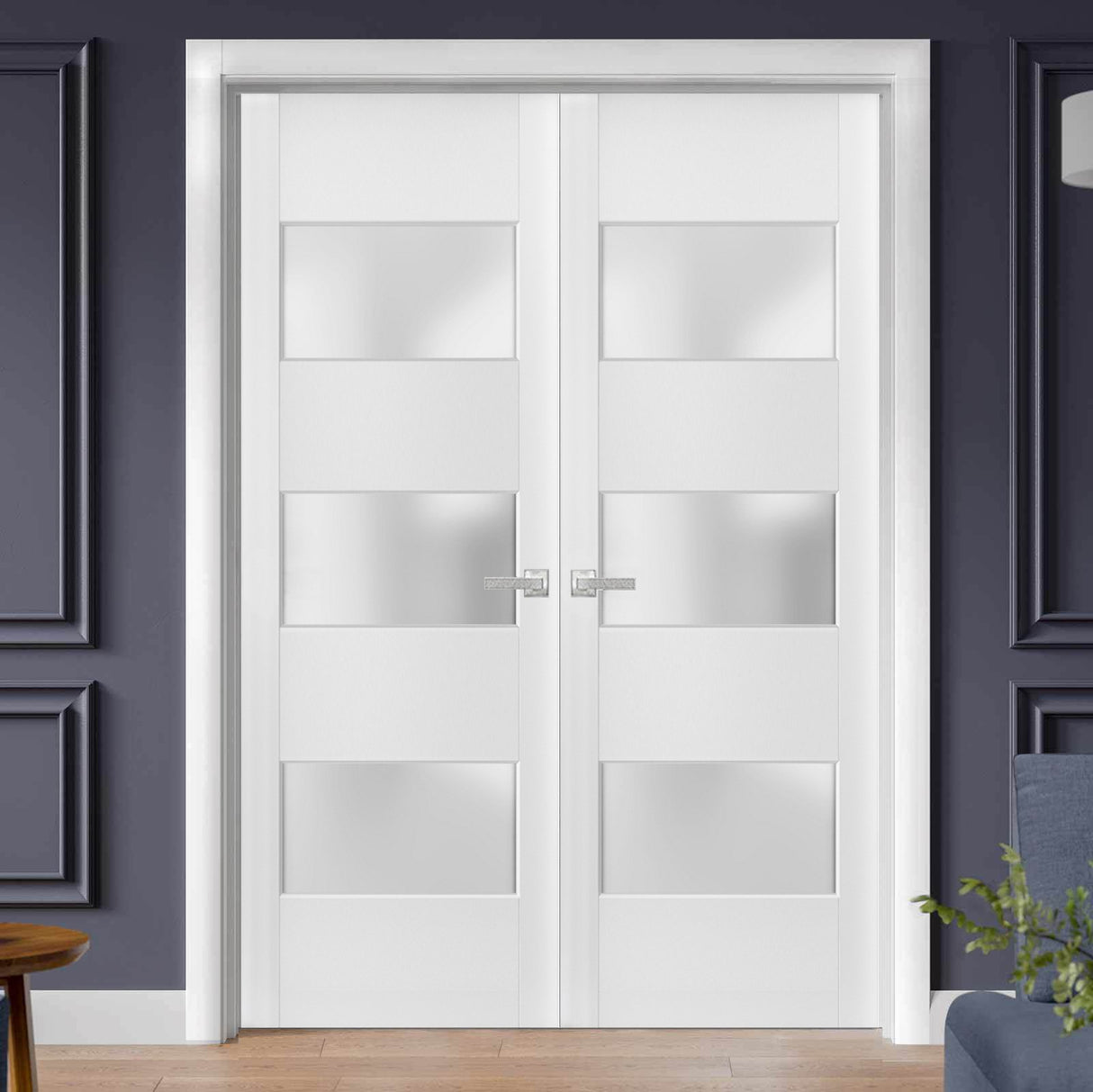 Solid French Double Doors 3 Lites | Lucia 4070 White Silk with Frosted Glass | Wood Solid Panel Frame Trims | Closet Bedroom Sturdy Doors