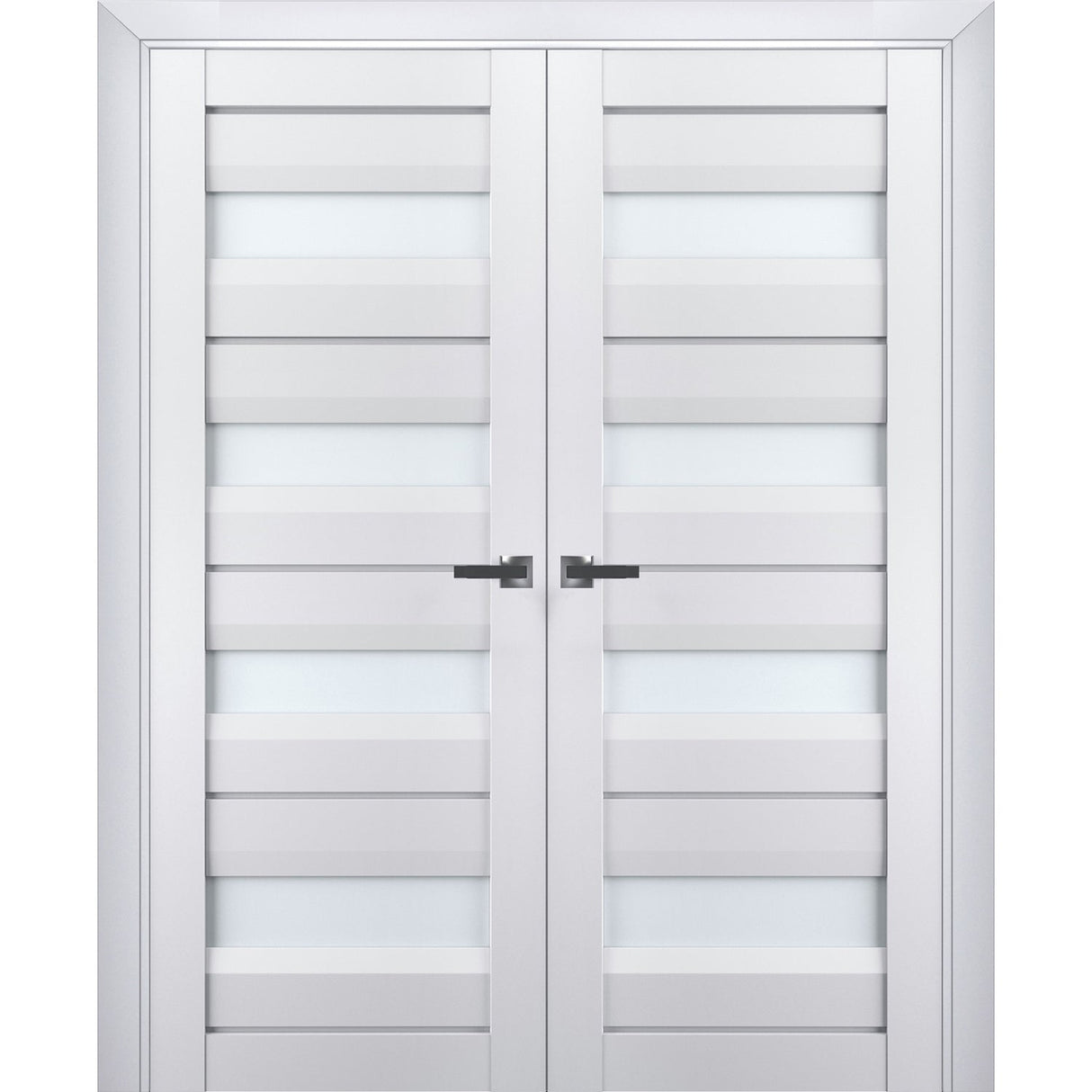 Interior Solid French Double Doors | Veregio 7455 White Silk with Frosted Glass | Wood Solid Panel Frame Trims | Closet Bedroom Sturdy Doors