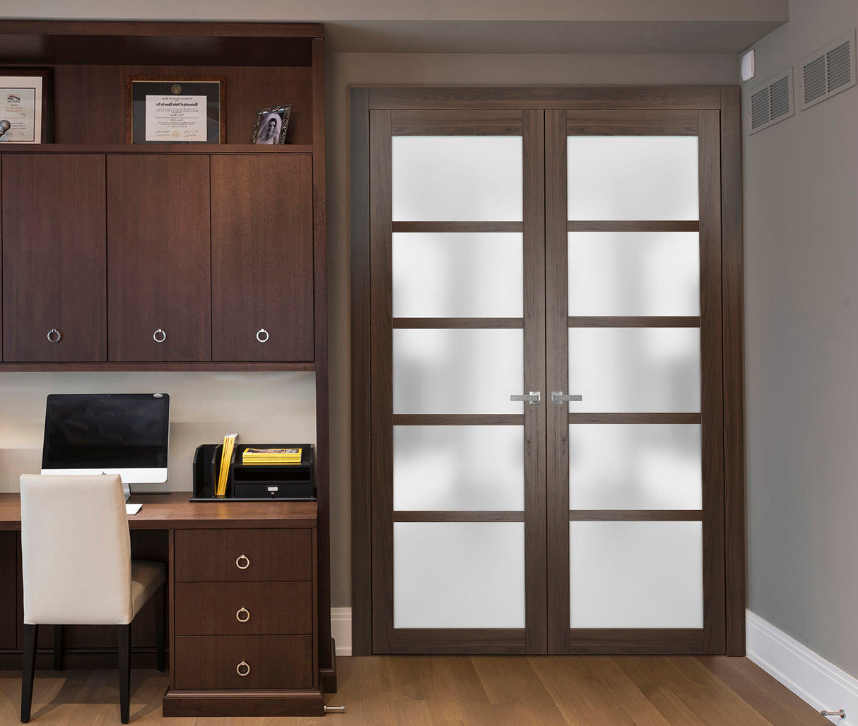 Solid French Double Doors | Quadro 4002 Chocolate Ash with Frosted Glass | Wood Solid Panel Frame Trims | Closet Bedroom Sturdy Doors