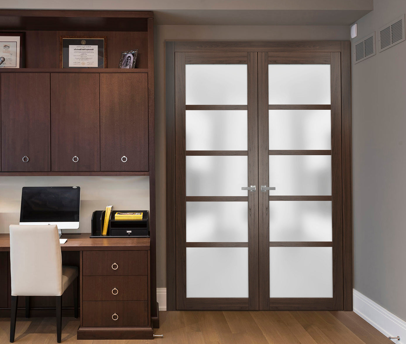 Solid French Double Doors | Quadro 4002 Chocolate Ash with Frosted Glass | Wood Solid Panel Frame Trims | Closet Bedroom Sturdy Doors