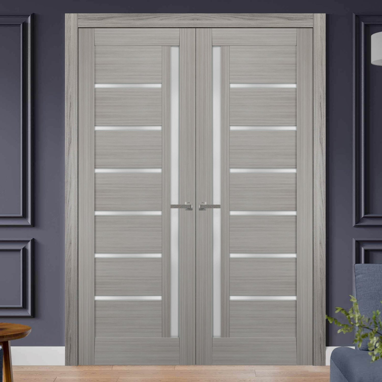 Solid French Double Doors | Quadro 4088 Grey Ash with Frosted Glass | Wood Solid Panel Frame Trims | Closet Bedroom Sturdy Doors