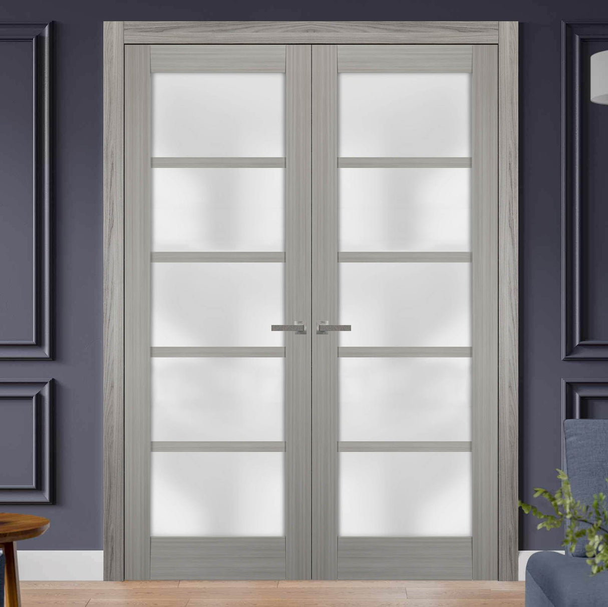 Solid French Double Doors | Quadro 4002 Grey Ash with Frosted Glass | Wood Solid Panel Frame Trims | Closet Bedroom Sturdy Doors