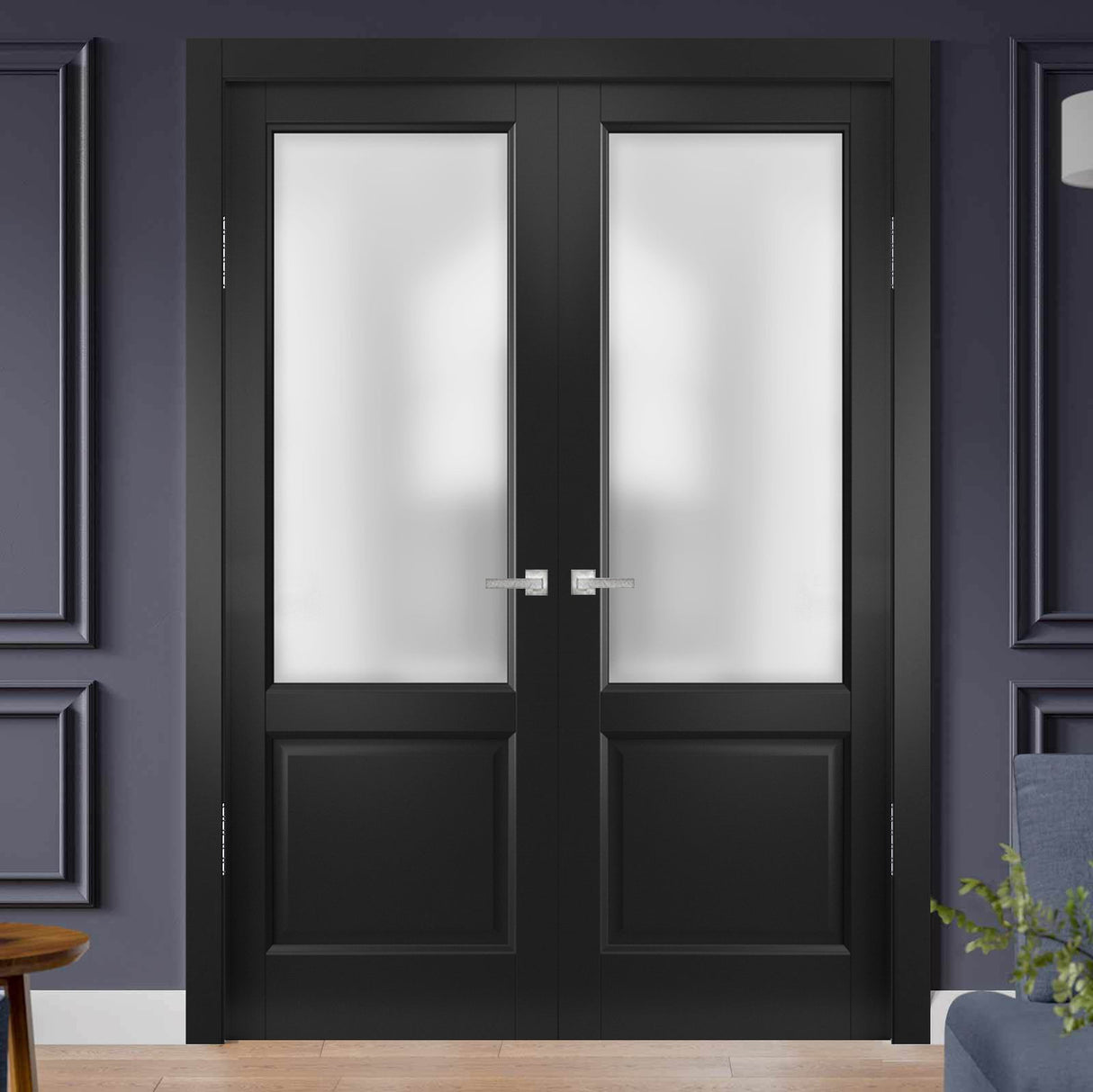 Solid Interior French Double Doors | Lucia 22 Matte Black with Rain Glass | Wood Solid Panel Frame Trims | Closet Bedroom Sturdy Doors