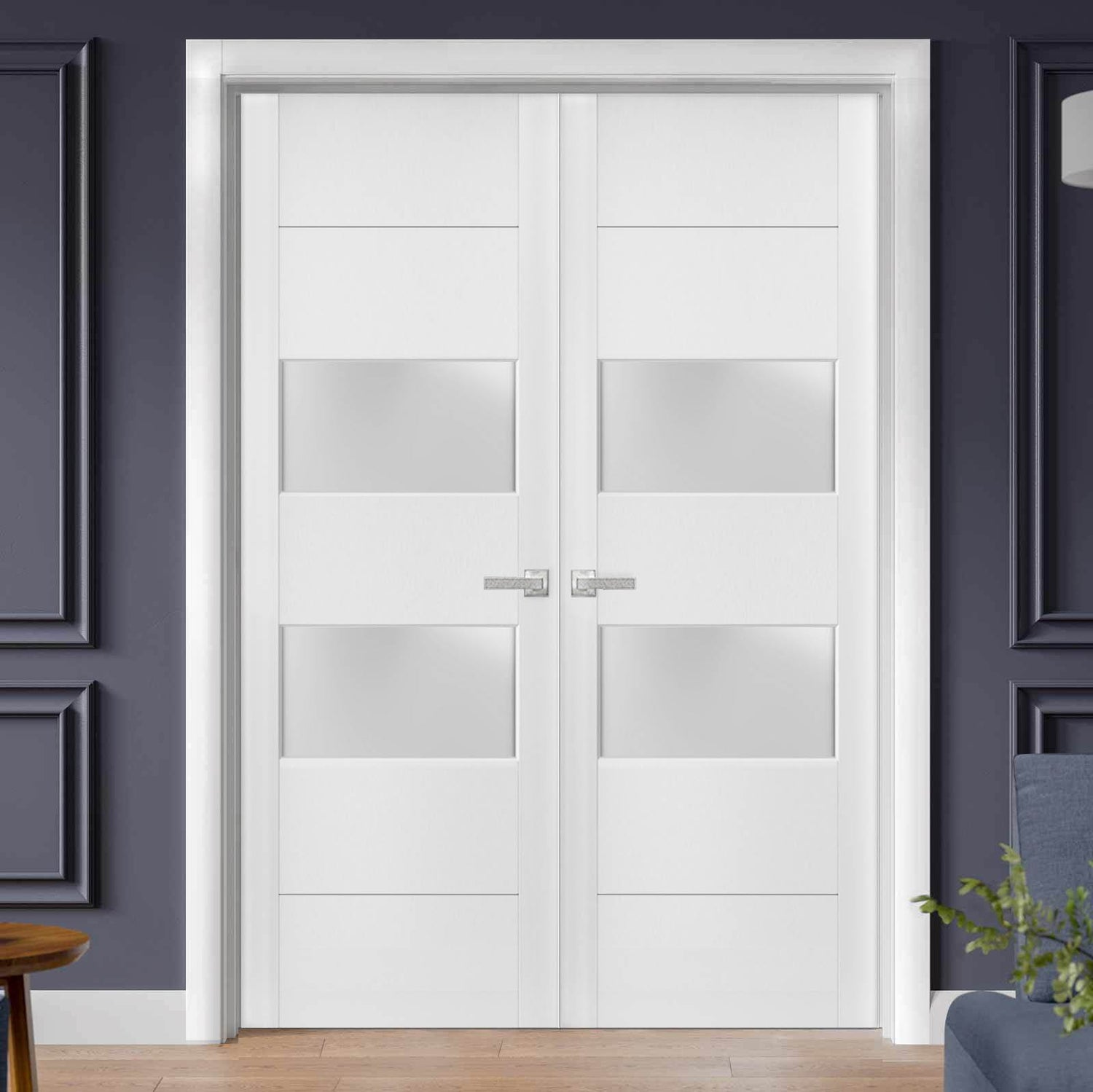 Solid French Double Doors 2 lites | Lucia 4010 White Silk with Frosted Glass | Wood Solid Panel Frame Trims | Closet Bedroom Sturdy Doors