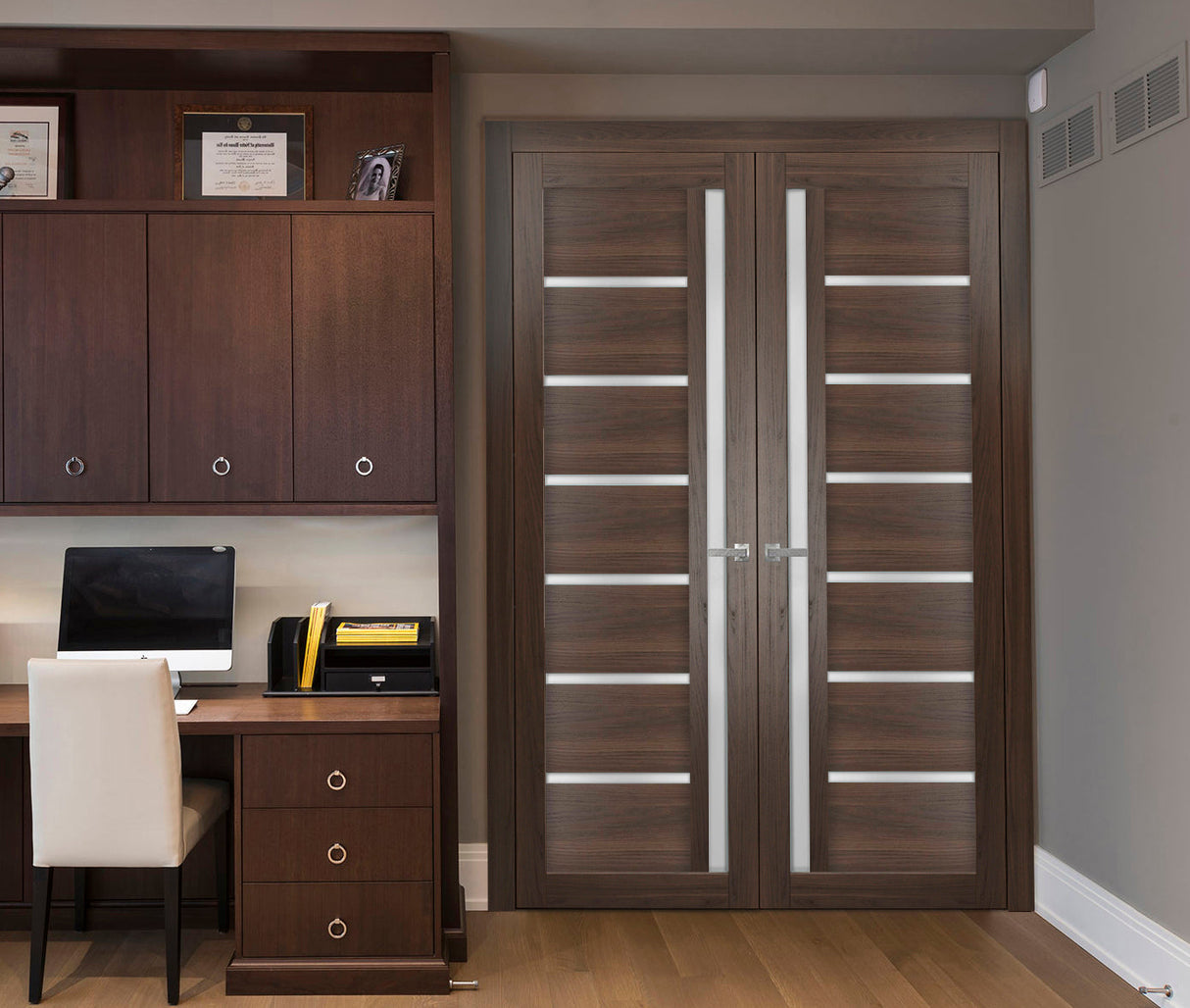 Solid French Double Doors | Quadro 4088 Chocolate Ash with Frosted Glass | Wood Solid Panel Frame Trims | Closet Bedroom Sturdy Doors