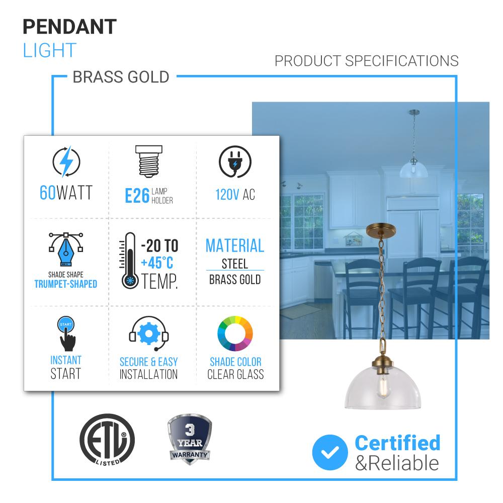 Dome Shape Brass Gold Pendant Light with Clear Glass Shade, E26 Base, UL Listed for Damp Location - BUILDMYPLACE