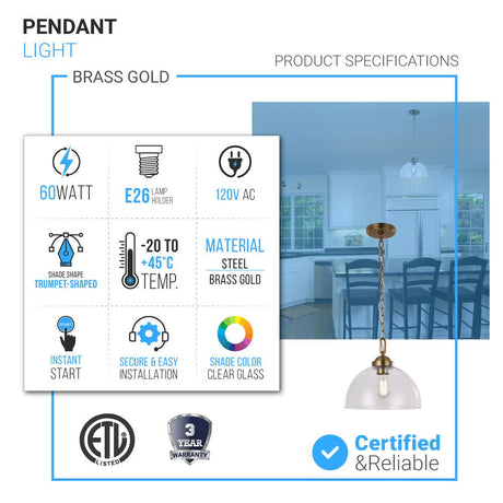 Dome Shape Brass Gold Pendant Light with Clear Glass Shade, E26 Base, UL Listed for Damp Location - BUILDMYPLACE