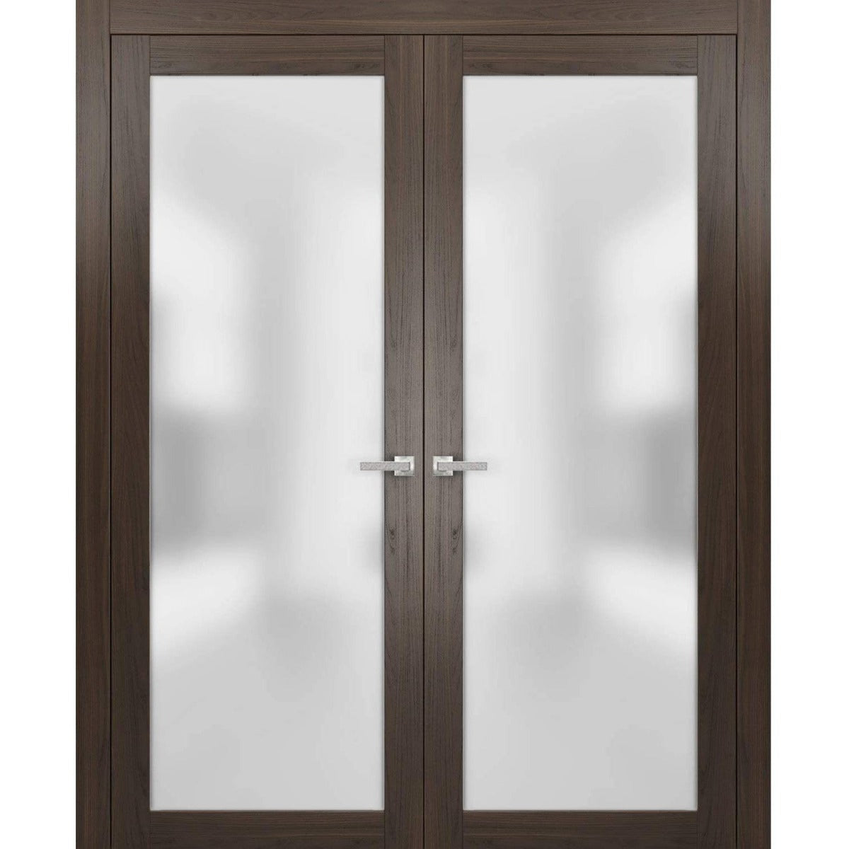 Solid French Double Doors | Planum 2102 Chocolate Ash with Frosted Glass | Wood Solid Panel Frame Trims | Closet Bedroom Sturdy Doors