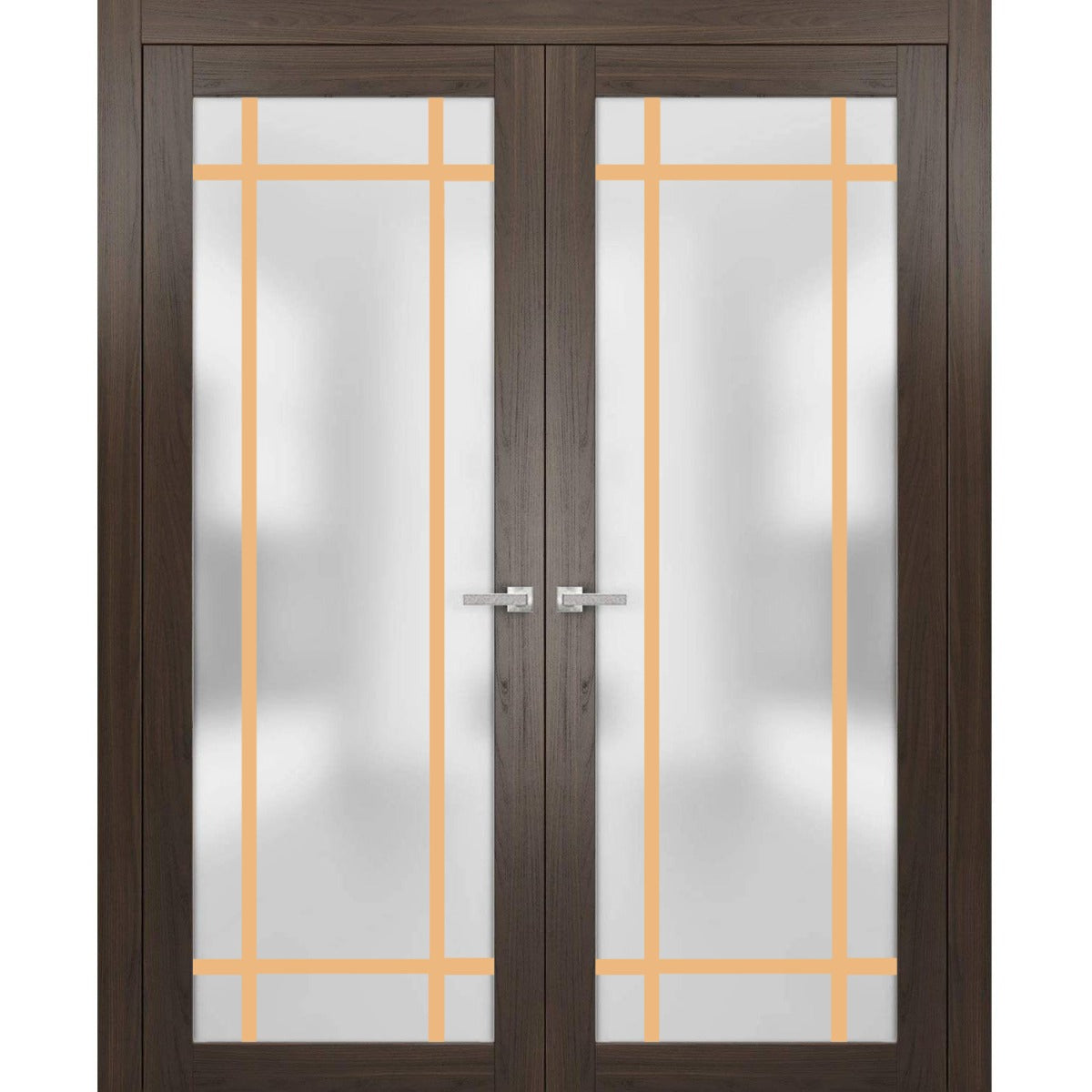 Solid French Double Doors | Planum 2113 Chocolate Ash with Frosted Glass | Wood Solid Panel Frame Trims | Closet Bedroom Sturdy Doors
