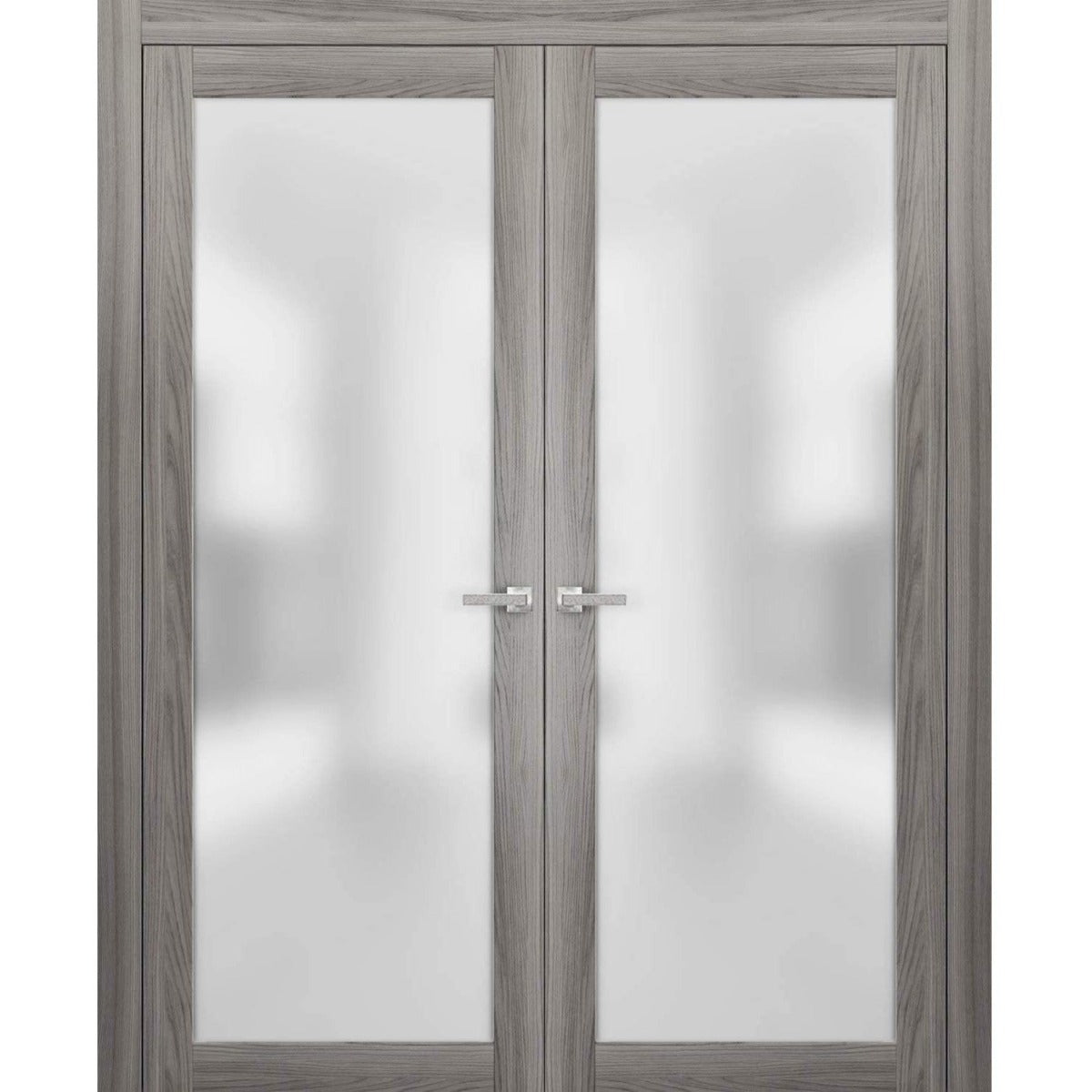 Solid French Double Doors | Planum 2102 Ginger Ash with Frosted Glass | Wood Solid Panel Frame Trims | Closet Bedroom Sturdy Doors