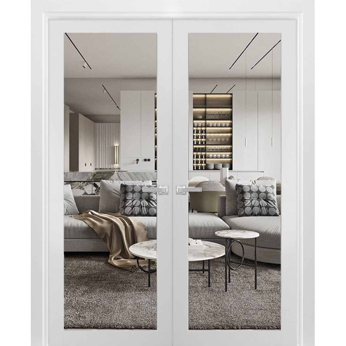 Solid French Double Doors | Lucia 2166 White Silk with Clear Glass | Wood Solid Panel Frame Trims | Closet Bedroom Sturdy Doors