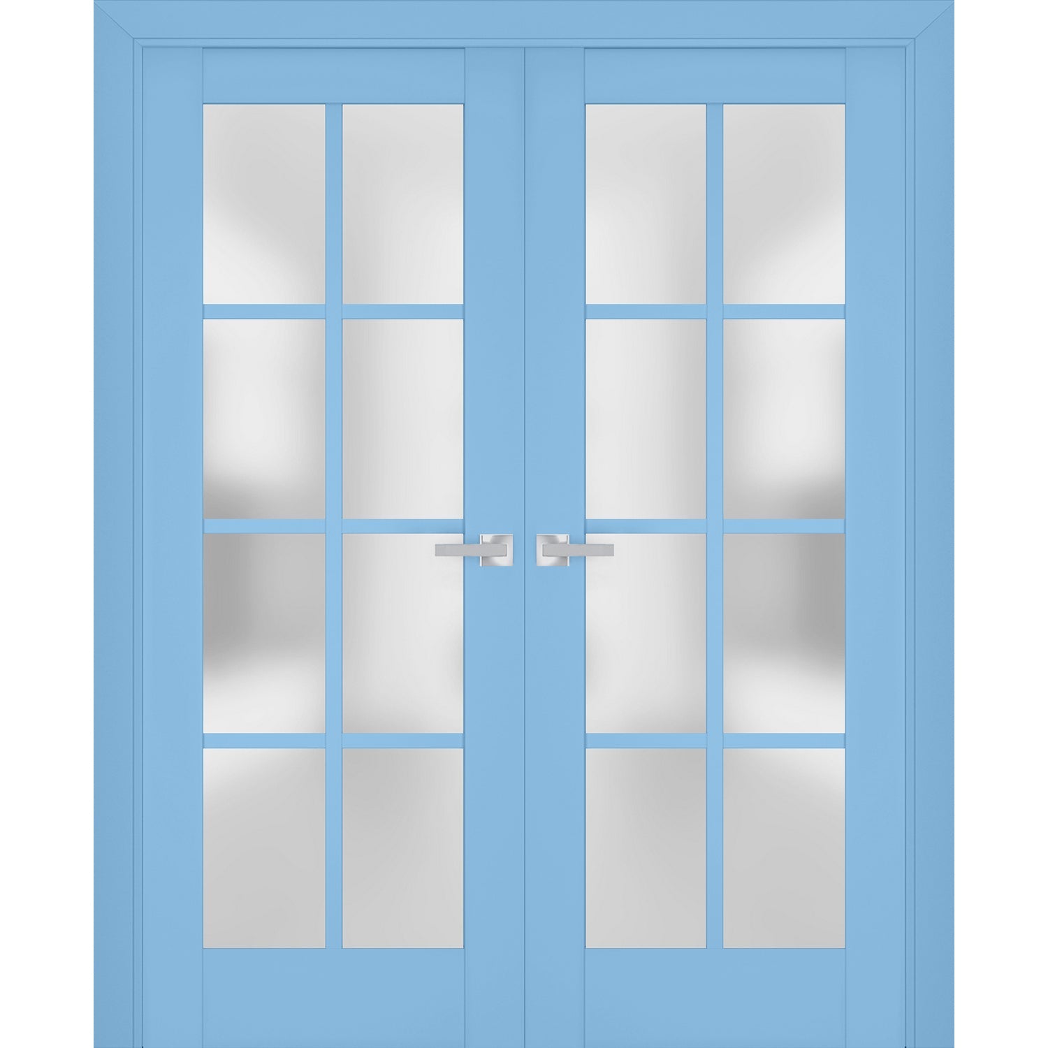 Interior Solid French Double Doors | Veregio 7412 Aquamarine with Frosted Glass | Wood Solid Panel Frame Trims | Closet Bedroom Sturdy Doors