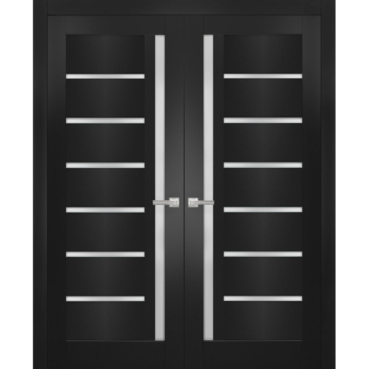 Solid French Double Doors | Quadro 4088 Matte Black with Frosted Glass | Wood Solid Panel Frame Trims | Closet Bedroom Sturdy Doors