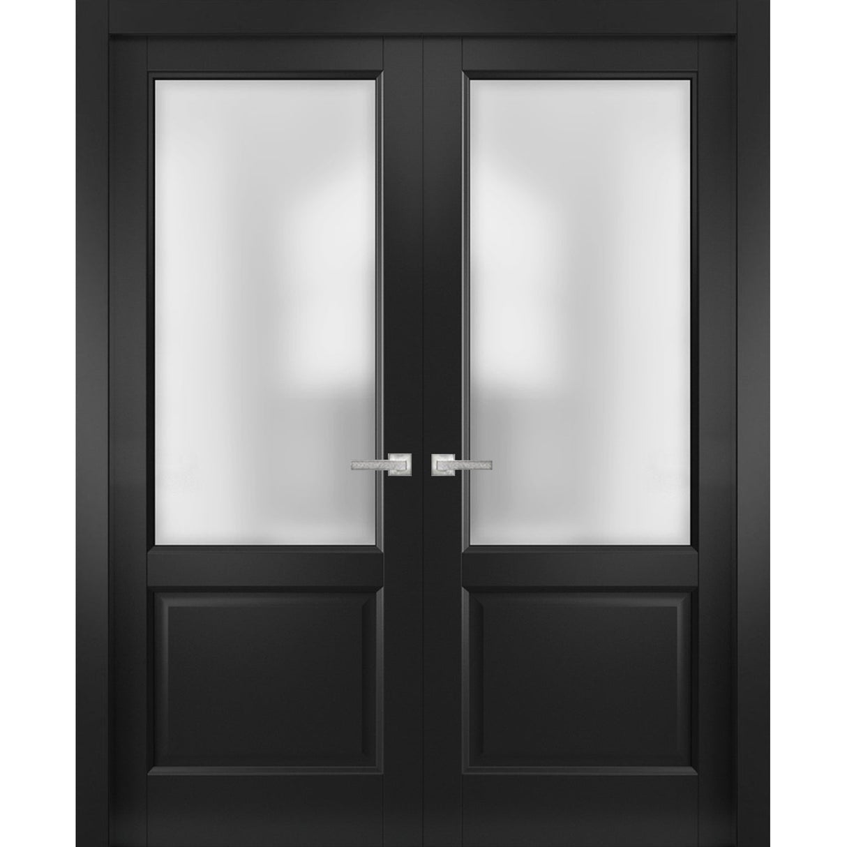 Solid Interior French Double Doors | Lucia 22 Matte Black with Rain Glass | Wood Solid Panel Frame Trims | Closet Bedroom Sturdy Doors