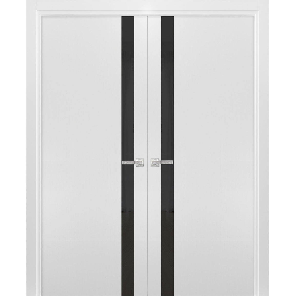 Solid French Double Doors | Planum 0040 White Silk with Black Glass | Wood Solid Panel Frame Trims | Closet Bedroom Sturdy Doors