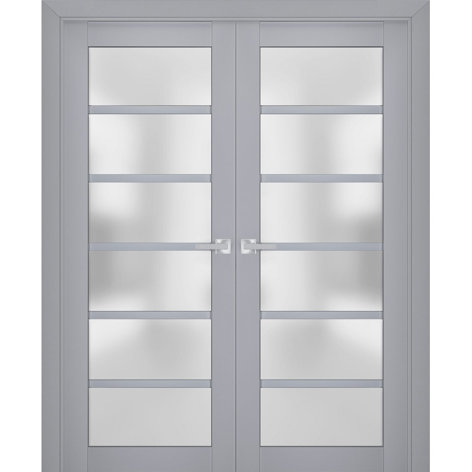 Interior Solid French Double Doors | Veregio 7602 Matte Grey with Frosted Glass | Wood Solid Panel Frame Trims | Closet Bedroom Sturdy Doors