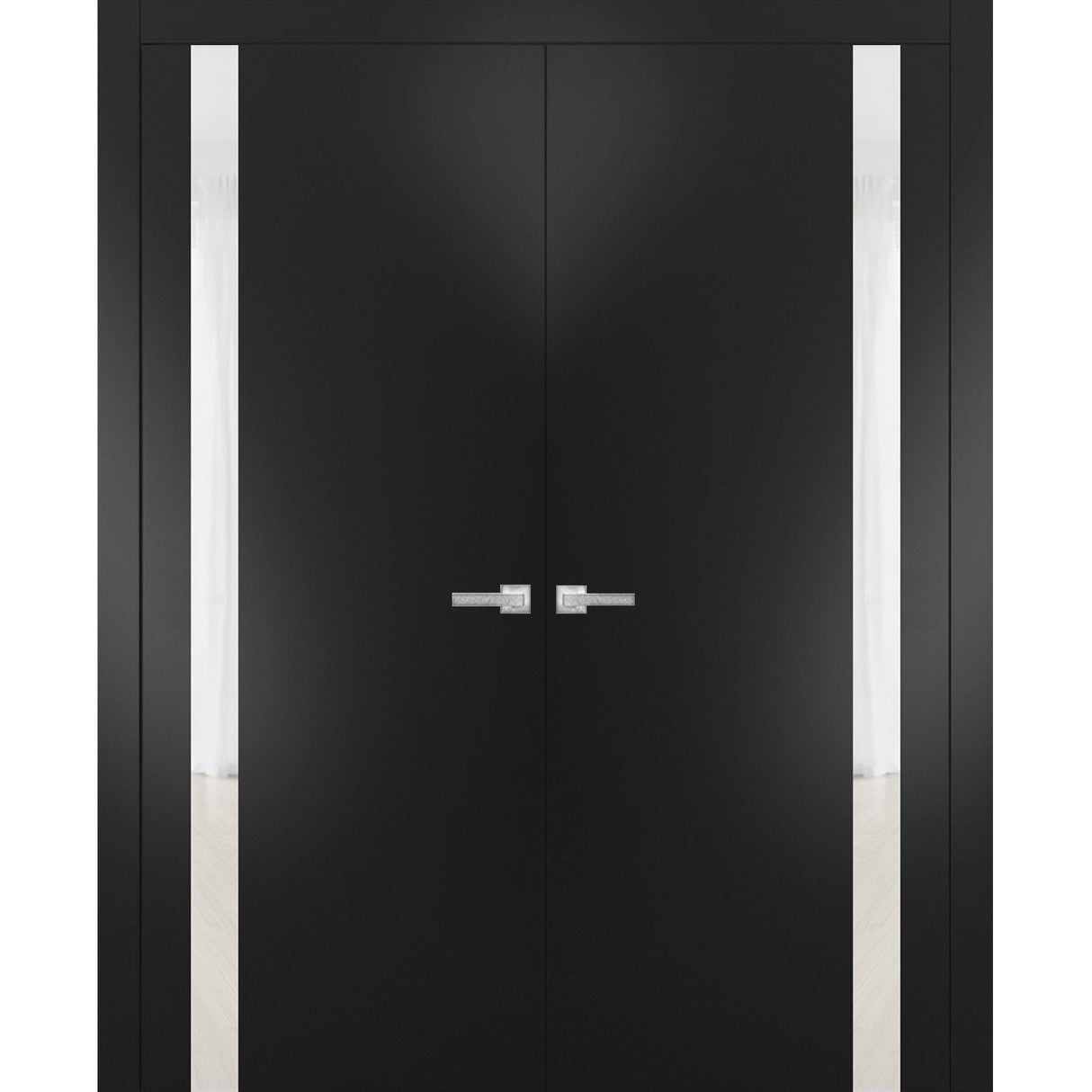Solid French Double Doors | Planum 0040 Matte Black with White Glass | Wood Solid Panel Frame Trims | Closet Bedroom Sturdy Doors