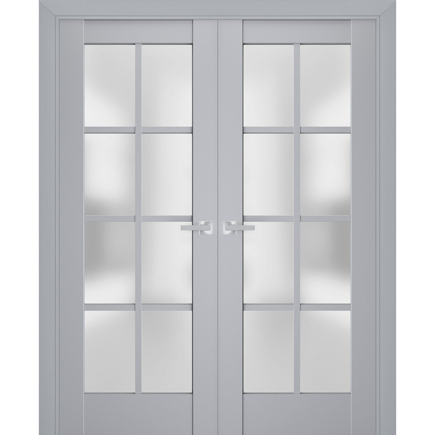Interior Solid French Double Doors | Veregio 7412 Matte Grey with Frosted Glass | Wood Solid Panel Frame Trims | Closet Bedroom Sturdy Doors