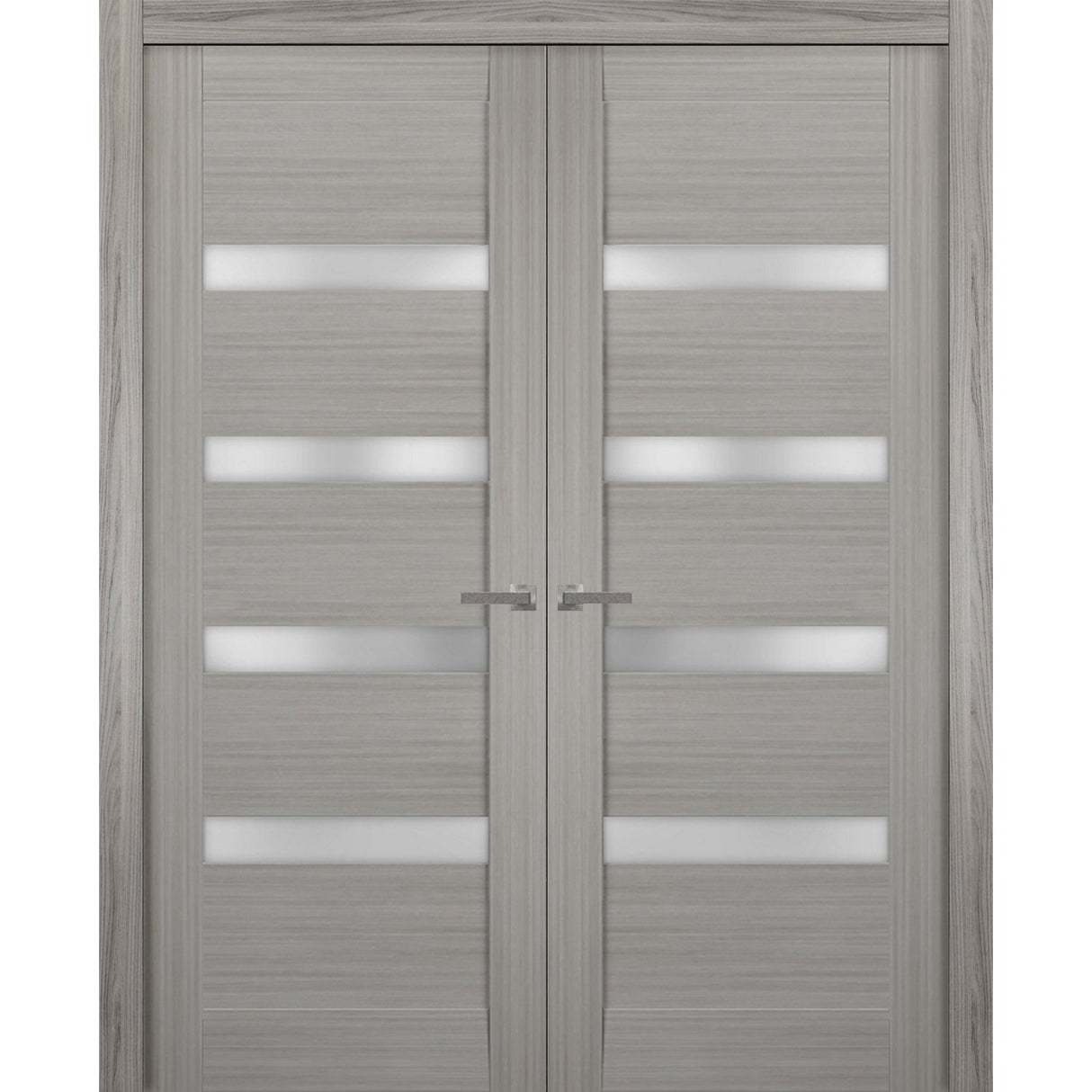 Solid French Double Doors | Quadro 4113 Grey Ash with Frosted Glass | Wood Solid Panel Frame Trims | Closet Bedroom Sturdy Doors