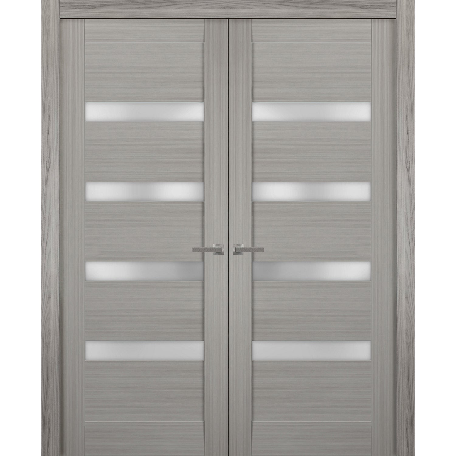 Solid French Double Doors | Quadro 4113 Grey Ash with Frosted Glass | Wood Solid Panel Frame Trims | Closet Bedroom Sturdy Doors