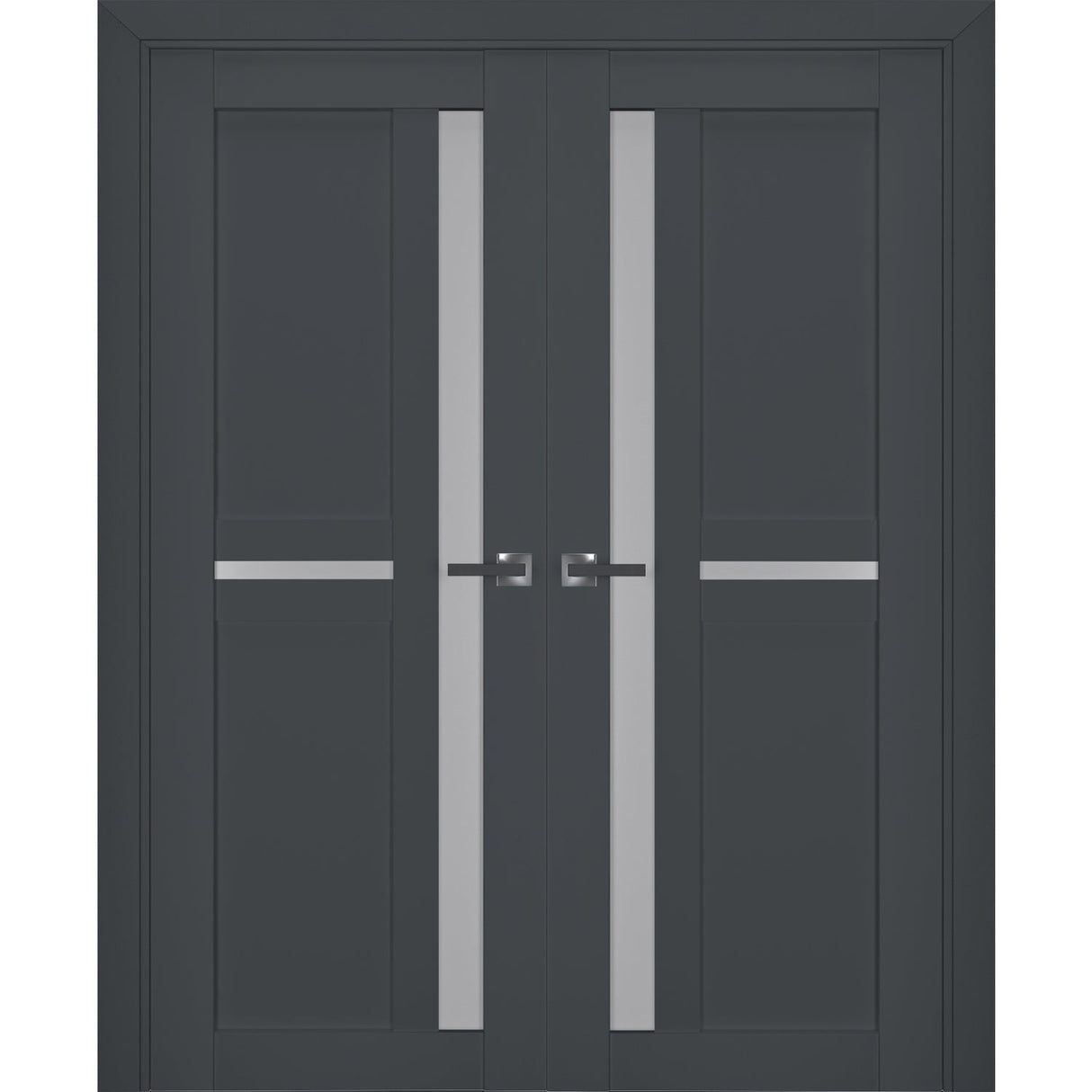 Interior Solid French Double Doors | Veregio 7288 Antracite with Frosted Glass | Wood Solid Panel Frame Trims | Closet Bedroom Sturdy Doors
