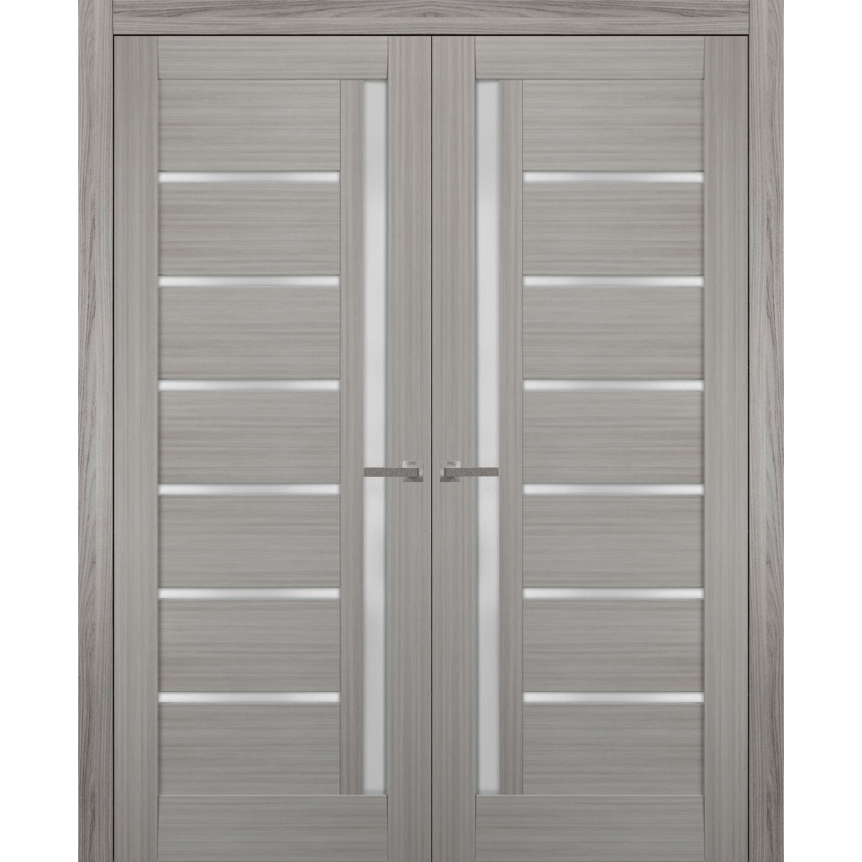 Solid French Double Doors | Quadro 4088 Grey Ash with Frosted Glass | Wood Solid Panel Frame Trims | Closet Bedroom Sturdy Doors