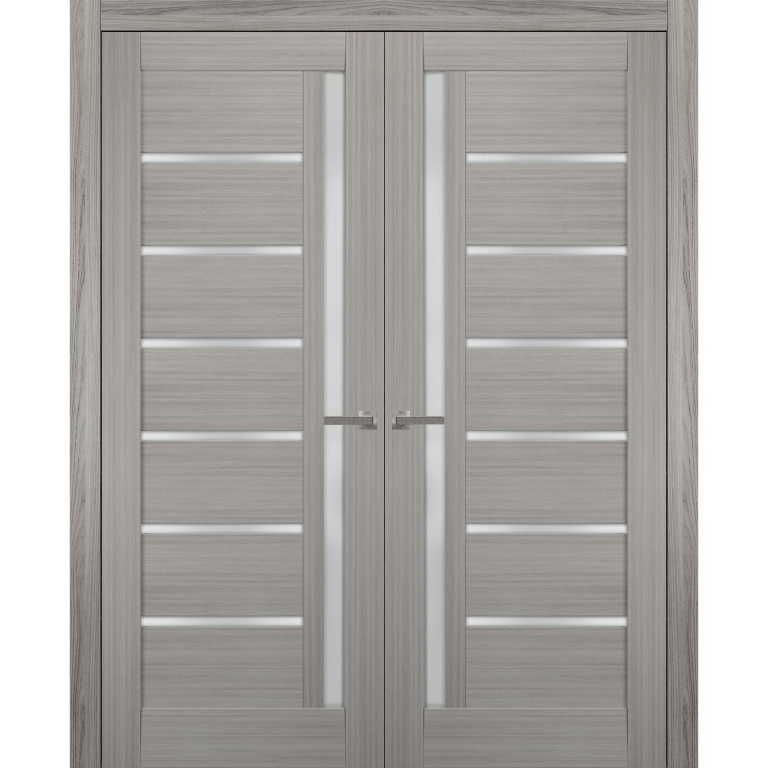Solid French Double Doors | Quadro 4088 Grey Ash with Frosted Glass | Wood Solid Panel Frame Trims | Closet Bedroom Sturdy Doors