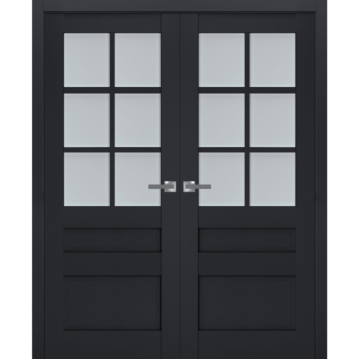 Interior Solid French Double Doors | Veregio 7339 Antracite with Frosted Glass | Wood Solid Panel Frame Trims | Closet Bedroom Sturdy Doors